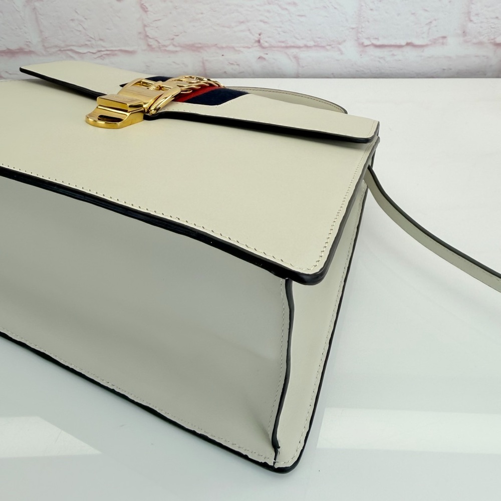 Gucci Sylvie Top Handle Web Chain White Leather Bag Medium - Picture 7 of 16